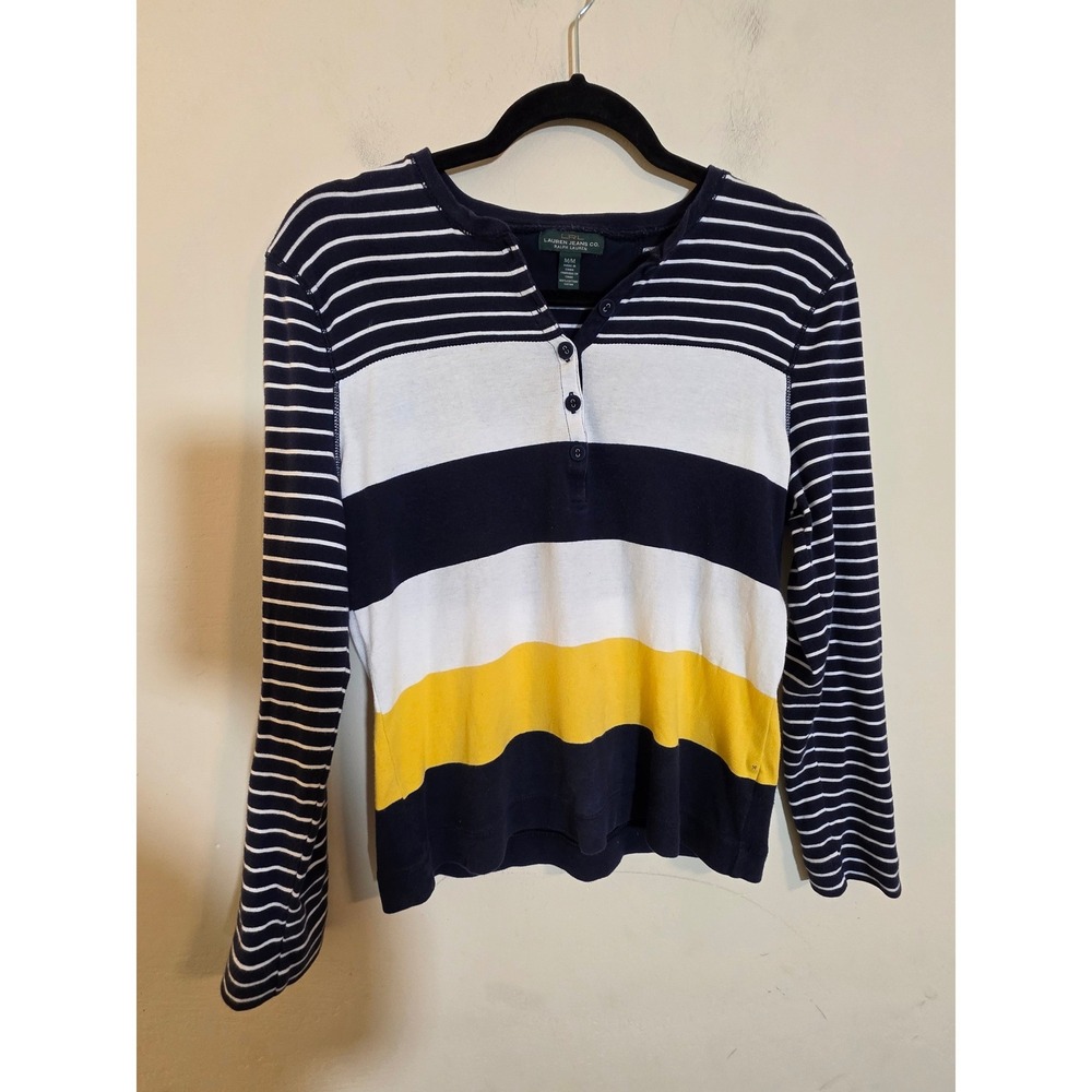 Lauren Ralph Lauren Striped Henley Top Navy White Yellow Long Sleeve Medium